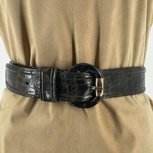 Carlisle Vintage Mock Crocodile Brown Leather Covered Buckle Wide Waist Belt LG
